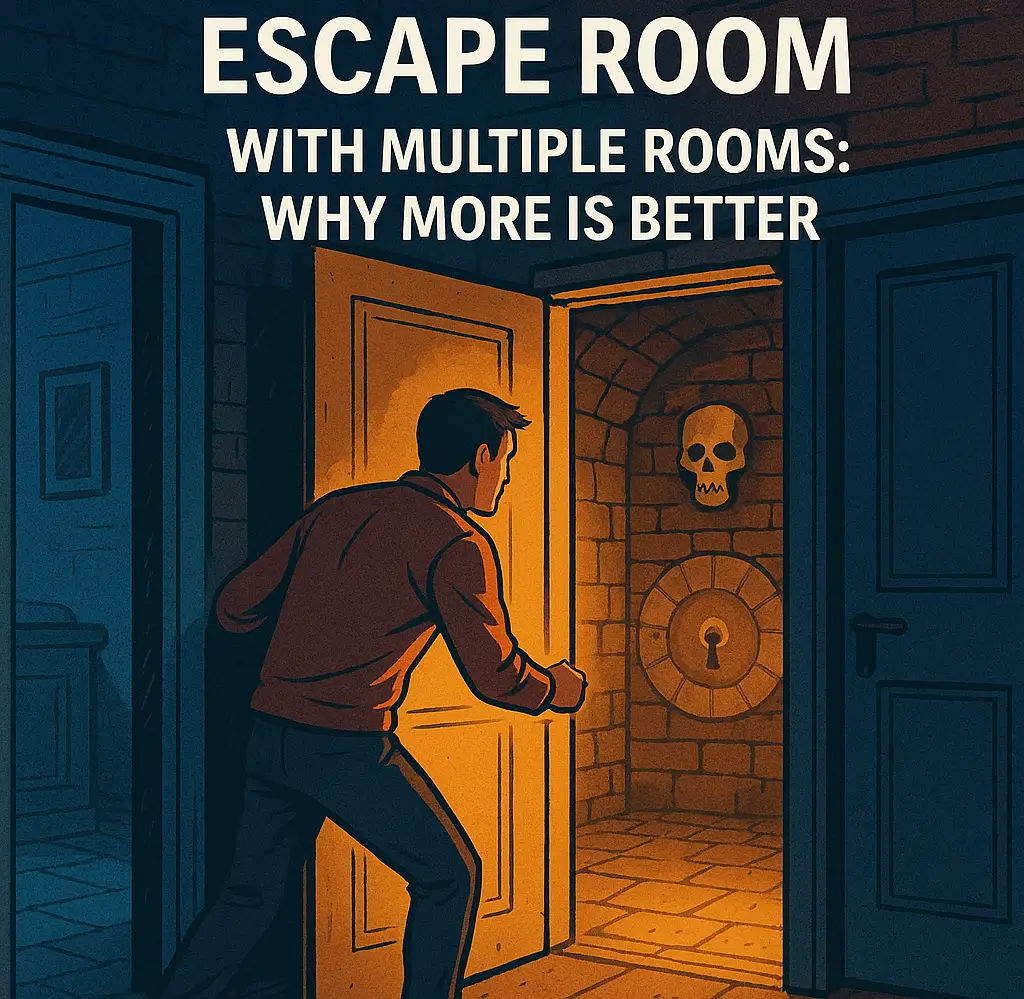 A player opens a door in an escape room, which lead into another room with more puzzles.