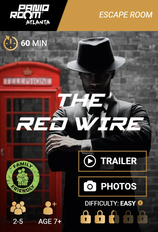 Red Wire escape room details card: Age limit 7+, from 2 to 5 people, easy difficulty, family-friendly escape room