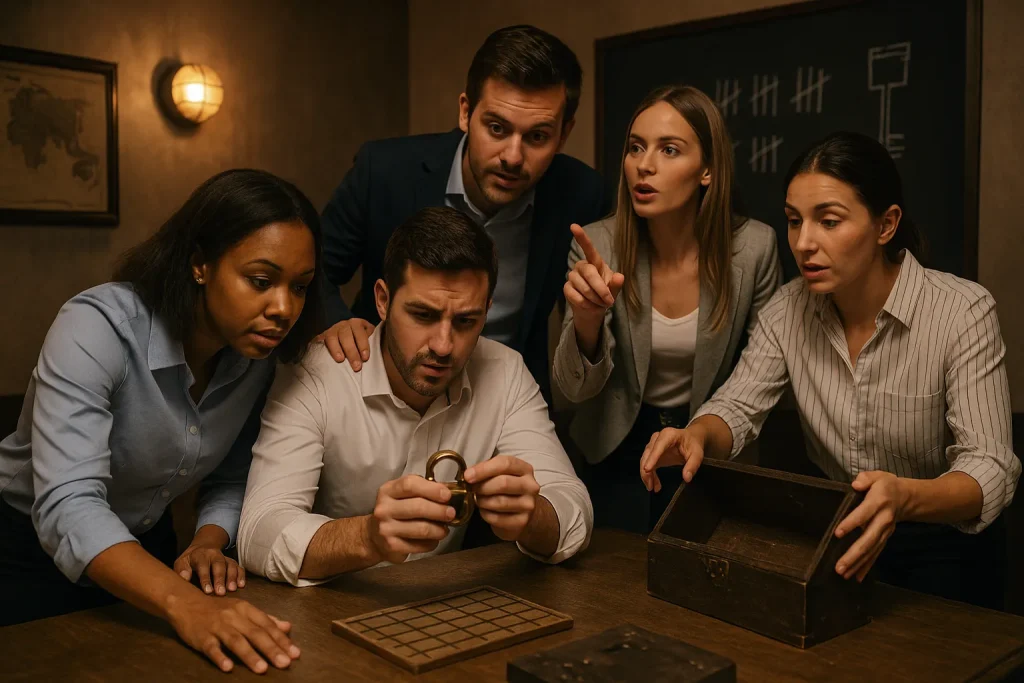 five corporate coworkers having fun in a team building activity in an escape room.