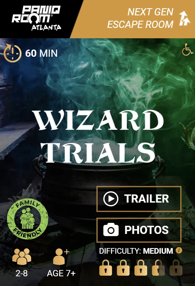 Wizard Trials escape room details card: Age limit 7+, from 2 to 8 people, medium difficulty, family-friendly next gen escape room