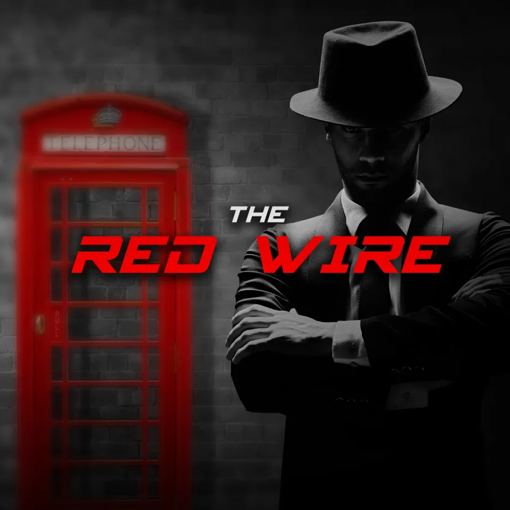 Red Wire escape room atlanta. Placed in London, UK. Red phone booth with a stranger in hat.