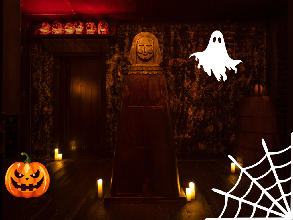 dark dungeon scary escape room with candle lights with halloween stickers on the picture